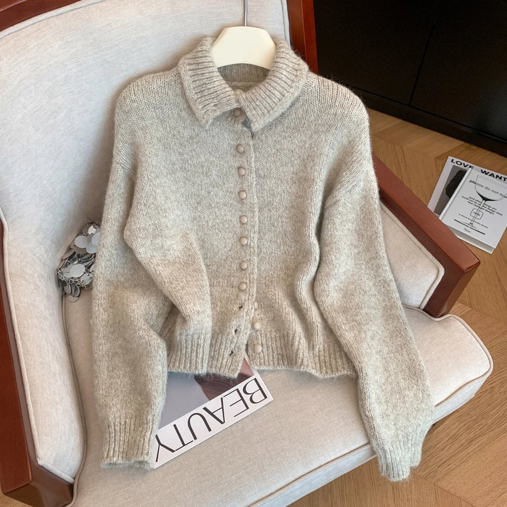Turtleneck Button-Front Knit Cardigan