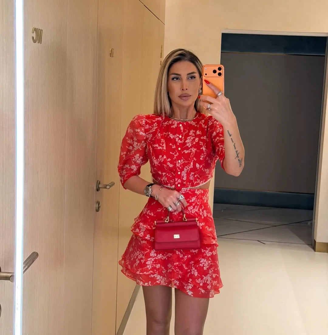 Puff-Sleeve Crop Top & Ruffle Mini Skirt Set