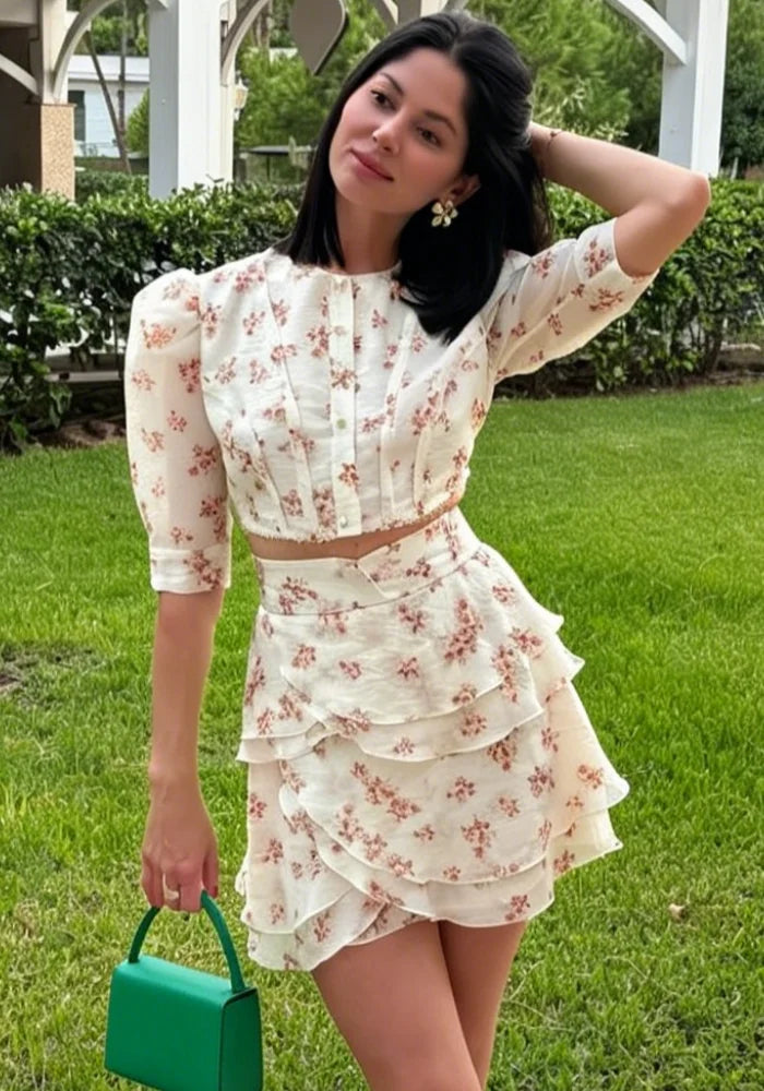 Puff-Sleeve Crop Top & Ruffle Mini Skirt Set