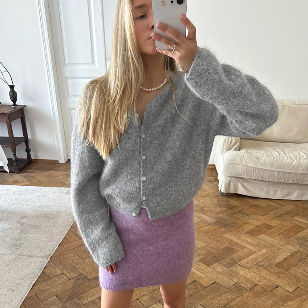 Round-Neck Button-Front Knit Cardigan