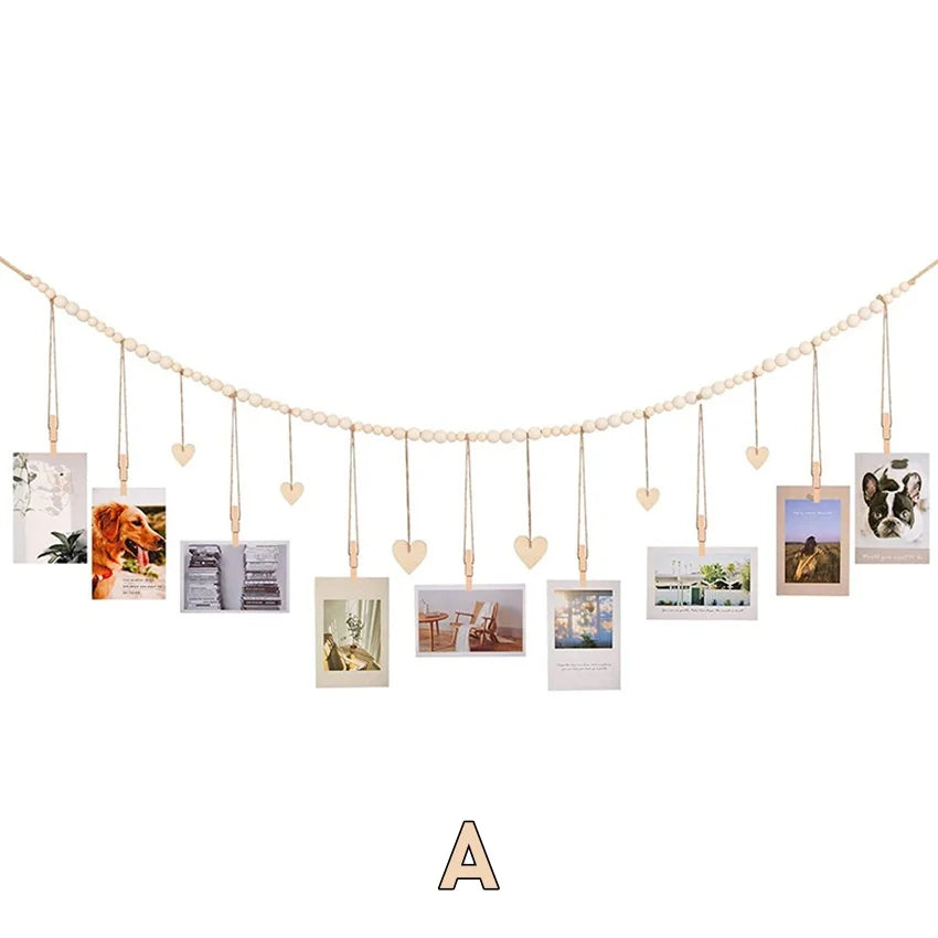 Wooden Bead Hanging Photo Display with Clips