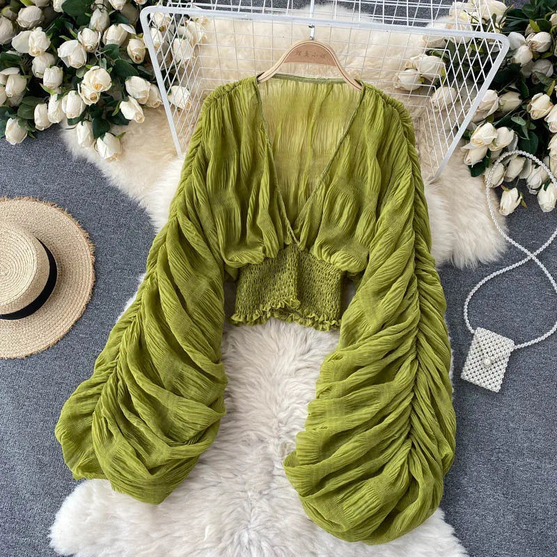 Sheer V-Neck Blouse with Statement Sleeves