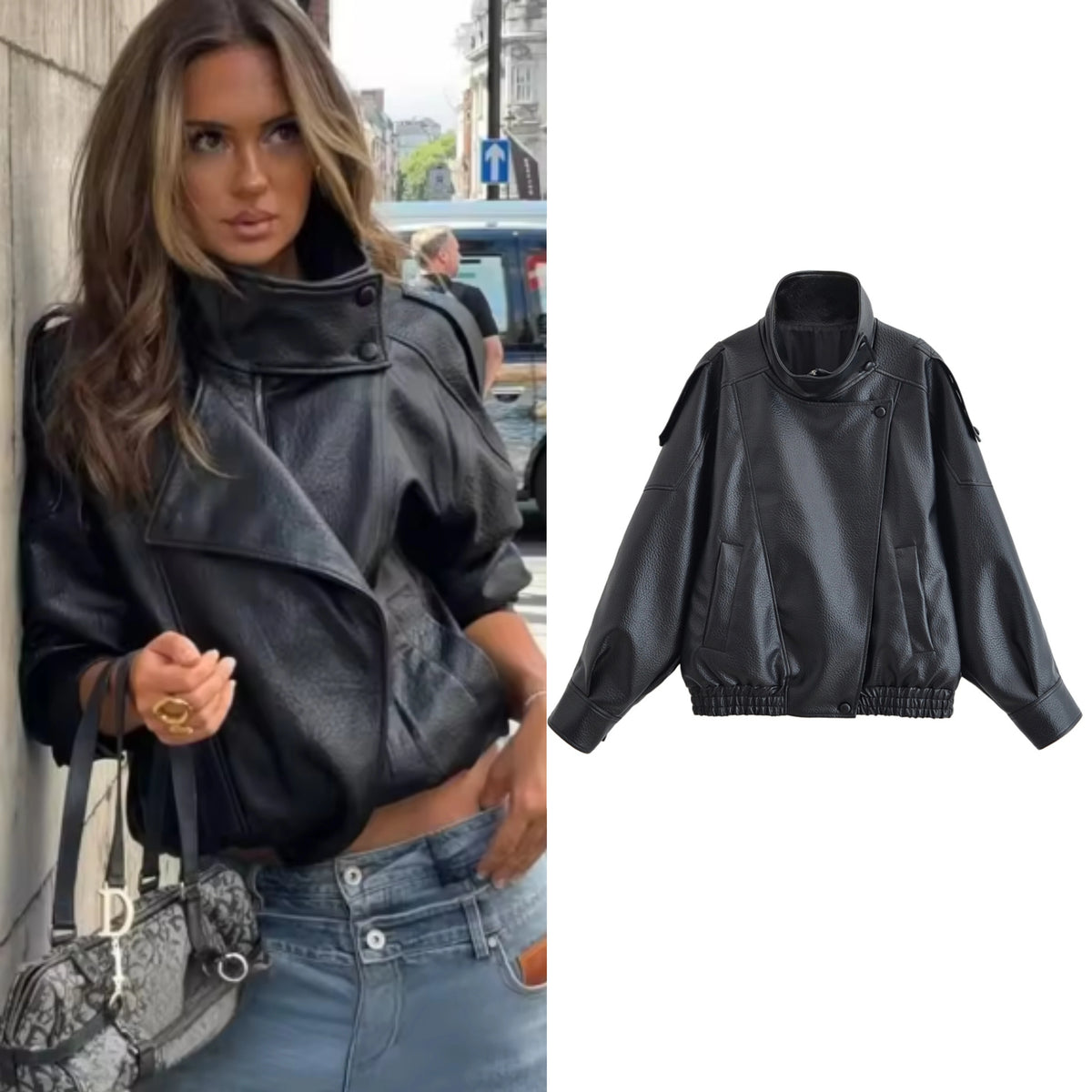 Zip-Front Faux-Leather Biker-Style Jacket