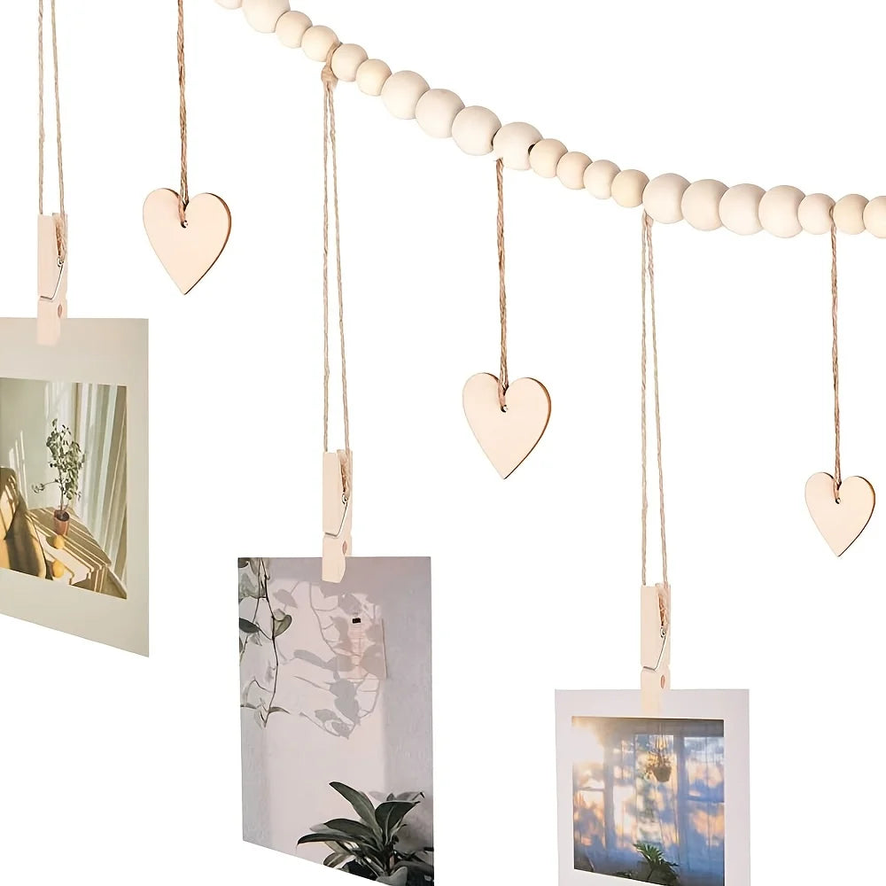 Wooden Bead Hanging Photo Display with Clips