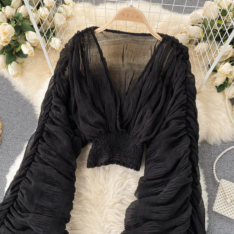 Sheer V-Neck Blouse with Statement Sleeves